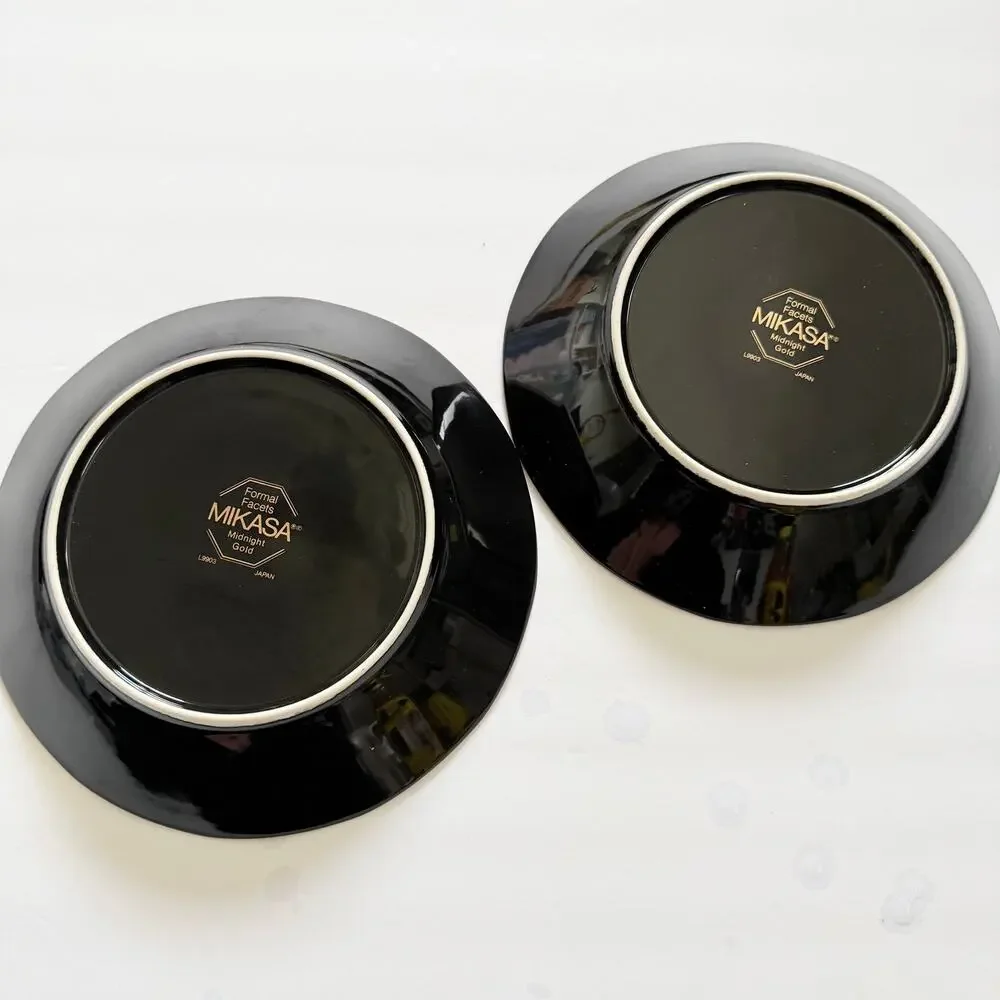 Mikasa Midnight Gold Formal Facet L9903 Glossy Black Art Deco Plates